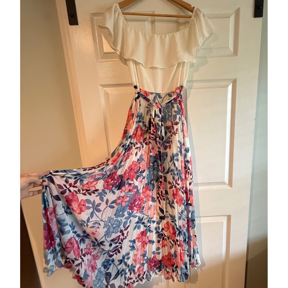 Eliza J Floral Pleated Midi Dress Off Shoulder Ruffle‎ Belted Size 8P